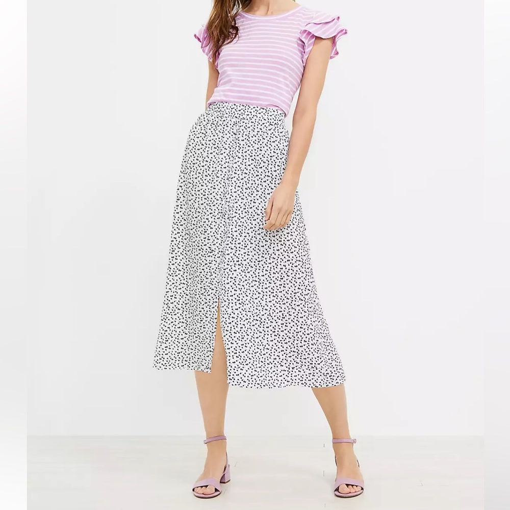 Loft Black and White Floral Button Pull On Midi Skirt M